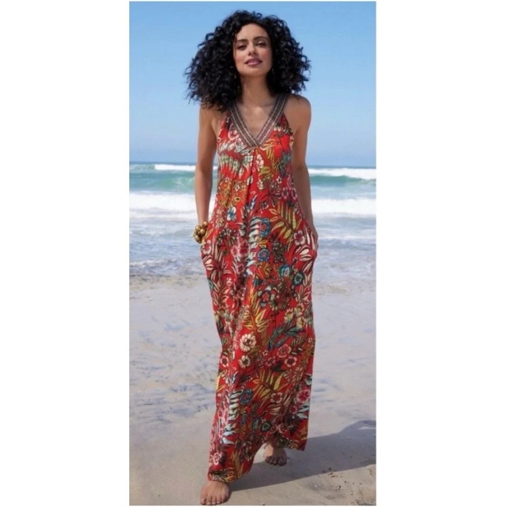 Soft Surroundings Onani Boho Tropical Floral Maxi Dress‎ M Vibrant Beach Resort